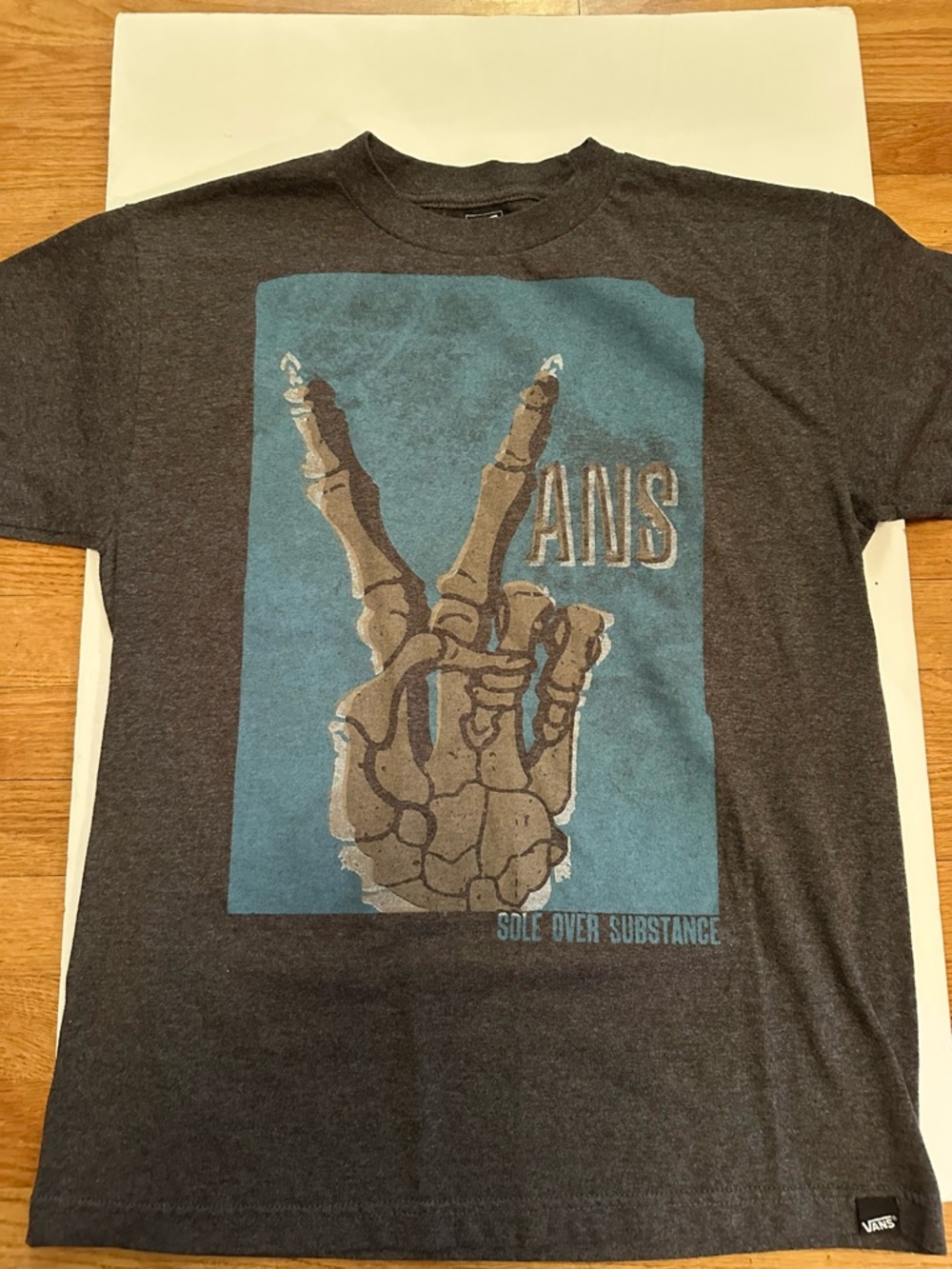 Vans Grey & Teal Graphic Tee with Skeleton Hand Peace Sign